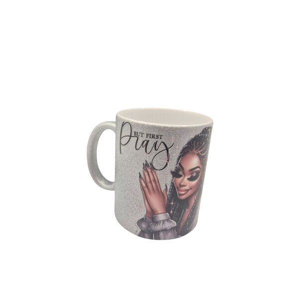 Handmade 12 oz Coffee Mug – “But First Pray” Glitter Silver Cup | Inspirational - Picture 4 of 7